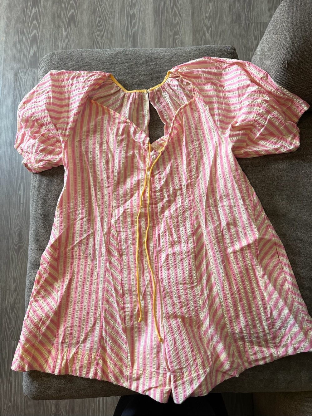 Amazon Pink and Yellow Striped Puff-Sleeve Casual Dress